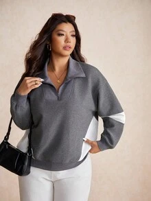 Elaquor Maglione oversize da donna casual e minimalista, in stile streetwear, con patchwork a contrasto di colore e lavorazione a nido d'ape, morbido e ampio, con mezza chiusura lampo, adatto per autunno/inverno - Grigio Scuro - Visualizzare 4