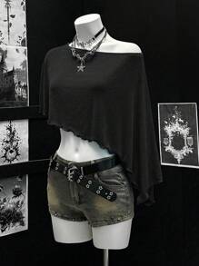 EgrlEra Comfortable Asymmetrical Neck Vacation Style Top - Black - View 4