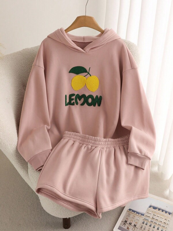 CosyJoli Conjunto de sudadera con capucha y shorts deportivos con bordado de limón para mujer talla grande