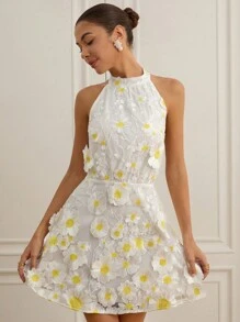 GENKIRA New Fashionable Minimalist Elegant Sexy Women's Chiffon Embroidered Backless Waist Slimming A-Line Short Dress - White - View 5