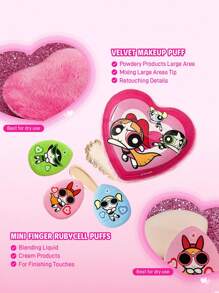 THE POWERPUFF GIRLS X SHEIN 4 件套可爱花朵、泡泡、毛茛图案化妆海绵套装，包含 1 个天鹅绒粉扑、3 个手指粉扑，适用于各种化妆品、飞天小女警、泡泡、花朵、毛茛、友谊、爱情 - 彩色 - 查看 2