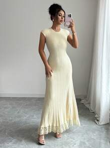 Elenzga Women's Wedding Guest Dress, Date Night Dress, Cute Cream Lace Dress, Knit Dress For All Seasons - Yellow - View 5