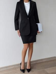 SHEIN Women Solid Color Button And Pocket Detailed Blazers - Black - View 5