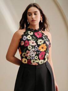 Anewsta 女士蕾丝网无袖花卉 3D 衬衫，黑色 - 黑色 - 查看 7