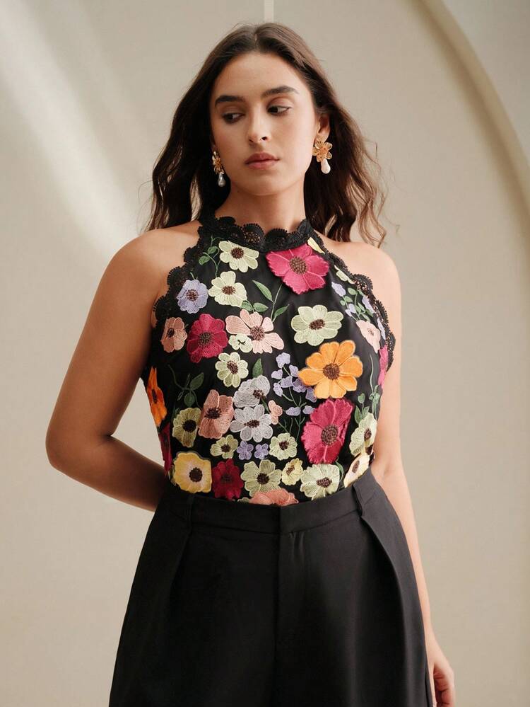 Women's Lace Mesh Sleeveless Floral 3D Top, Black