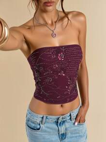 SHEIN BAE Áo ống hở lưng đính hạt sequin màu đỏ rượu vang, thanh lịch và gợi cảm, thích hợp cho các bữa tiệc tối, tiệc hóa trang, đêm hẹn hò, tụ tập câu lạc bộ đêm, trang phục dự tiệc, mùa thu và mùa đông, lễ hội âm nhạc Chicago, hòa nhạc đồng quê, áo Y2k Y2k, Halloween, áo ống, rave, áo sequin, techno, phụ nữ boho, lễ hội rave, câu lạc bộ, phương Tây dành cho phụ nữ, halloween, trang phục halloween - Màu đỏ tím - Xem 1