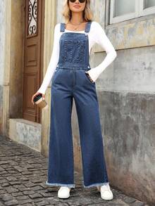 EMERY ROSE 女式宽松休闲日常穿搭磨边牛仔背带裤 - 藍色 - 查看 5