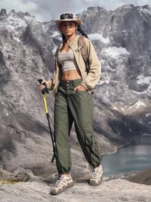 SHEIN Unity 女式工装口袋休闲抽绳宽松牛仔裤 - 軍綠色 - 查看 5