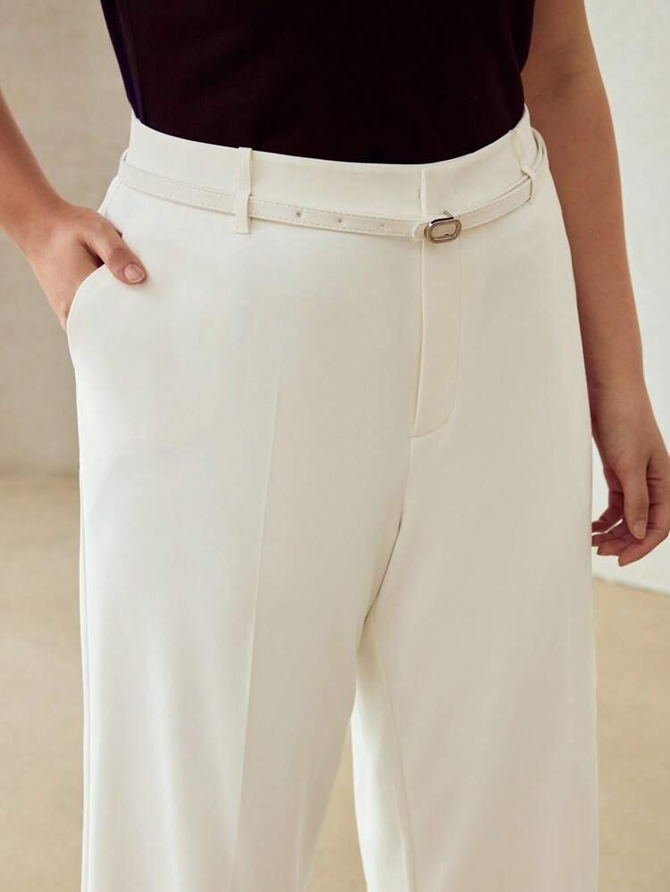 PLUS SIZE SOLID SLANT POCKET SEAM FRONT BELTED WIDE LEG PANTS
