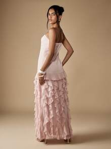 MISSGUIDED Asymmetrical Bandeau Ruffled Maxi Dress Strapless Evening Gown High Slit Party Prom Wedding Guest Floor Length Layered Chiffon Elegant Special Occasion Formal Dress