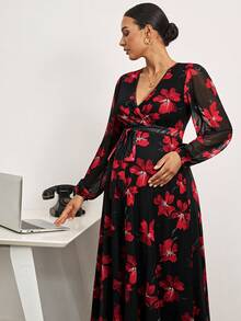 MaterniWear 办公室,商务休闲女装,秋装,秋装,孕妇装秋装孕妇装孕妇花卉印花重叠V领灯笼袖优雅连衣裙 - 黑色 - 查看 4