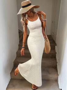 Easowa Women's Black White Striped Bodycon Camisole Dress, Casual For Summer Vacation Music Festival,Bohemian Clothes - Apricot - View 3