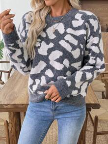 EMERY ROSE Women's Knitted Long Sleeve Crew Neck Pullover Jacquard Contrast Color Pattern Casual Fitted Sweater Gray Sweater Women Sweaters Fall Sweaters Leopard Print Sweater Animal Print Sweater Back To School Outfits Women Fall Clothes For Women Going Out Outfits - Grey - View 4
