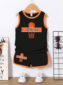 SHEIN 年輕男孩籃球字母圖形對比綁定背心上衣和短褲 - 黑色 - 查看 1