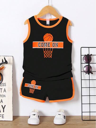SHEIN 年輕男孩籃球字母圖形對比綁定背心上衣和短褲