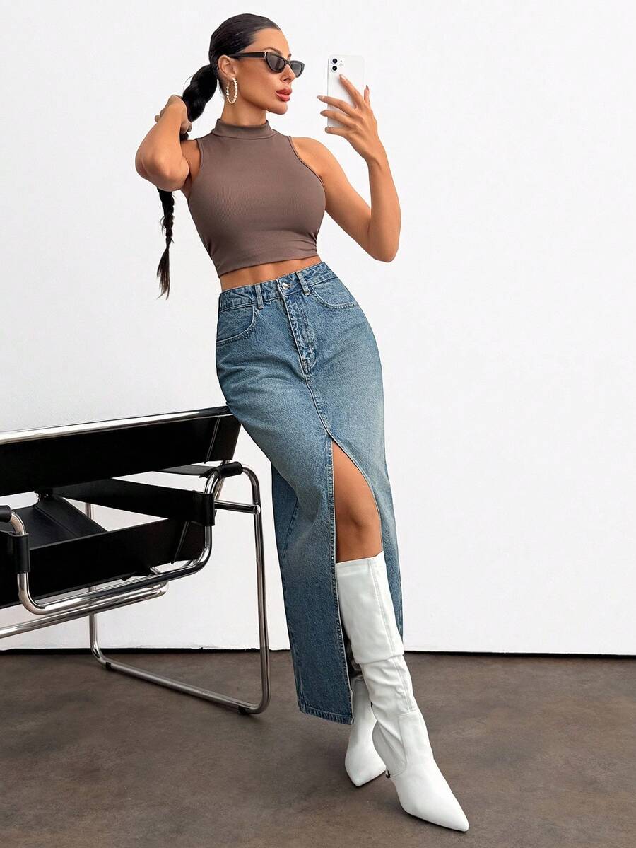EURMUSE Women's High Waist Pocketed Slit Hem Long Denim Skirt Jean Skirt With Slit Jean Skirt Y2k Long Jean Skirt Split Denim Skirt - Medium Wash - View 1