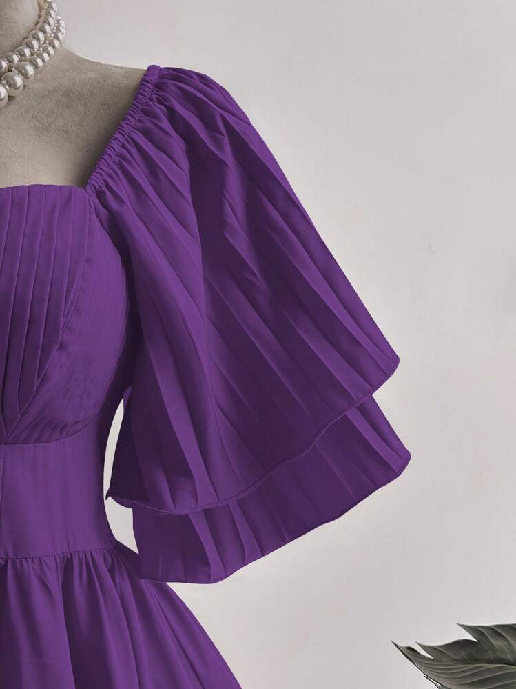 Sunnyshic Plus Size Elegant Solid Color Waist Cinched Dress, Summer - Purple - View 3