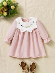 SHEIN Baby Girl Sweet Cute Embroidered Long Sleeve Dress - Pink - View 3