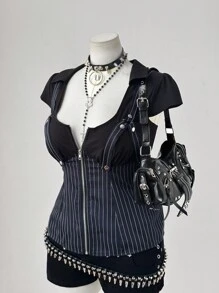 Flirla 大码女式时尚条纹二合一吊带修身衬衫