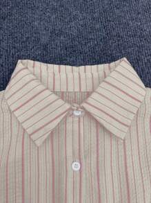 INAWLY 女士标准尺寸休闲度假条纹长袖衬衫 - 粉色 - 查看 3