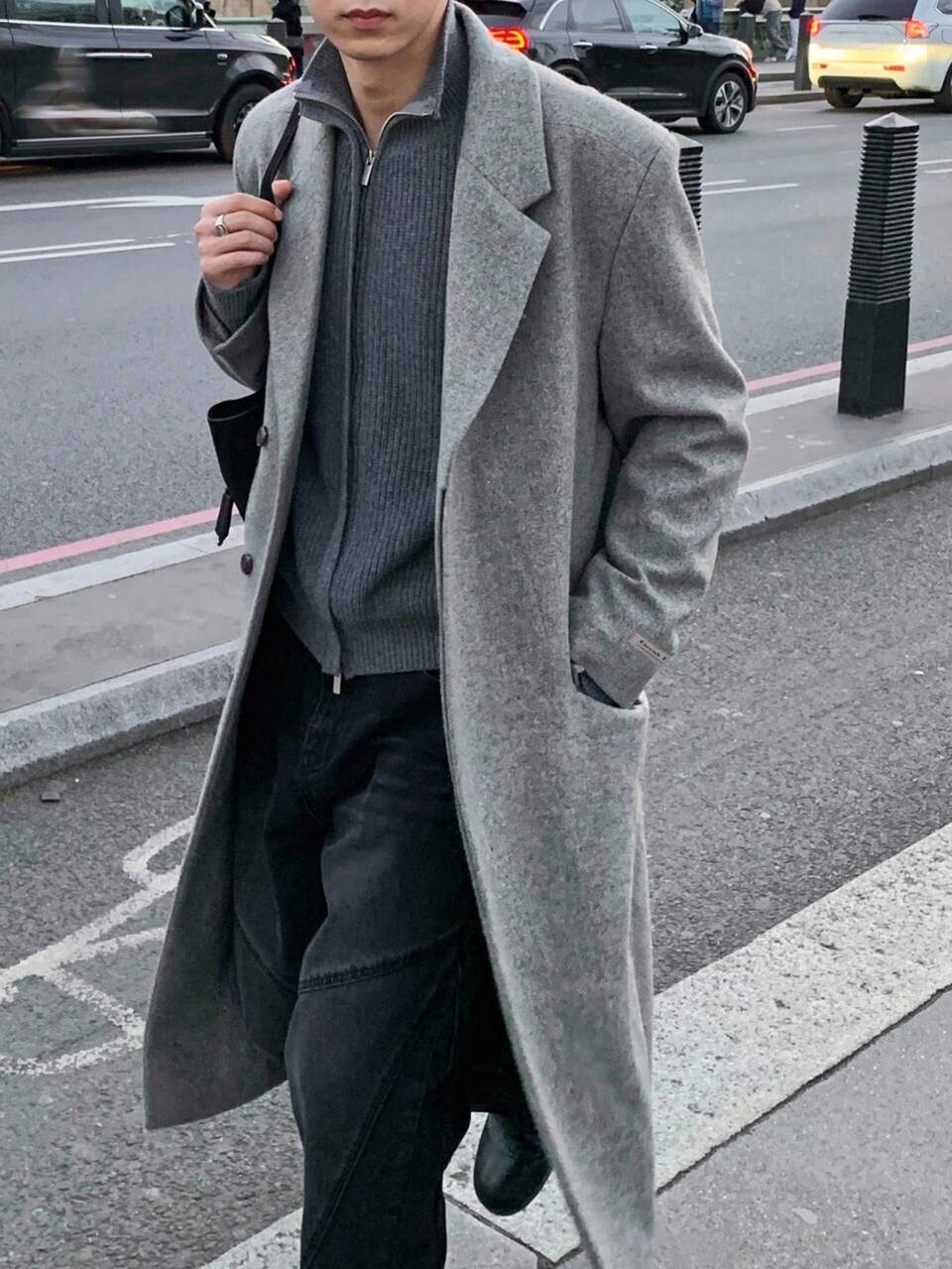 Men's Grey Woolen Fabric Jacket With Cuff Label Design, Autumn