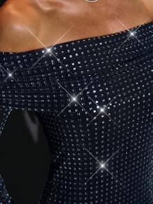 SHEIN BAE 女式纯黑色露肩长袖修身长裙，带水钻装饰，适合夜总会派对 - 黑色 - 查看 6