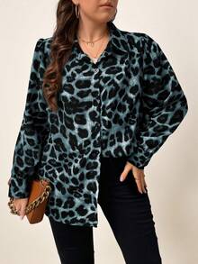 Chikora Plus Size Women Casual Leopard Print Button Down Long Sleeve Shirt Plus Size Leopard Print Shirt - Teal Blue - View 4