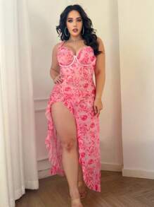 SHEIN 2件套女士性感玫瑰印花高开衩睡袍套装