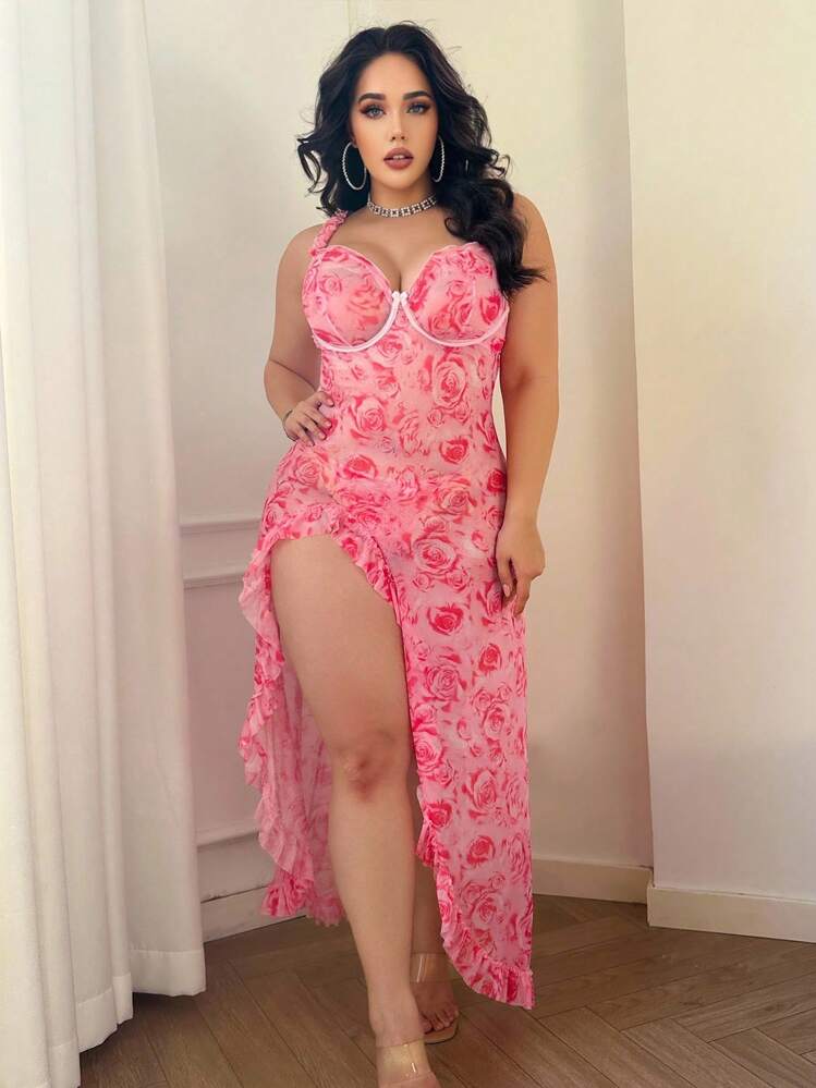 SHEIN 2 pièces Ensemble de nuisette fendue sexy à imprimé rose pour femmes - Rose bonbon - Voir 5