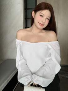 Dazy Plus Áo kiểu nữ cỡ lớn màu trơn, cổ bẻ, tay phồng, lưng hở, nơ, tay dài, màu trắng, thích hợp cho kỳ nghỉ. - trắng - Xem 3