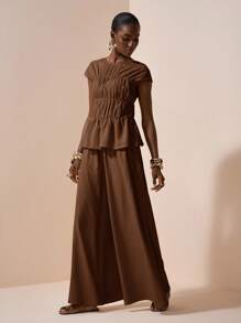 Zivah 2025 年夏季新品，音乐节，毕业季，学院风，学生装，日常休闲，度假，海滩，日光浴，街头服饰，杏色纹理面料，褶皱感圆领短袖荷叶边衬衫和阔腿裤两件套