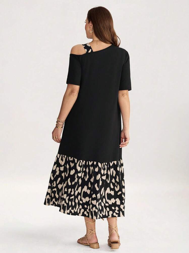 SHEIN LUNE 大码斜肩系带前条纹休闲连衣裙，适合夏季母亲节教堂服装女士教师服装女士商务休闲女士优雅派对连衣裙女士派对连衣裙，适合春秋季、度假和约会女士小黑裙 - 黑與白 - 查看 2