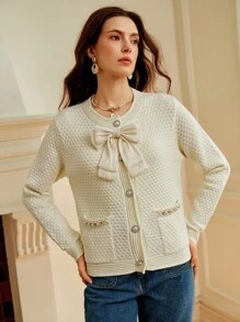 SHEIN Clasi 女士优雅蝴蝶结串珠装饰针织开衫，适合返校季、万圣节、秋冬季 - 杏色 - 查看 3