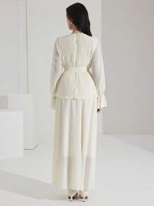 Heiryn 女士纯色褶裥喇叭袖衬衫和半裙优雅两件套，适合秋季穿着，也适合约会之夜、婚礼宾客、国庆节等场合。 - 杏色 - 查看 5