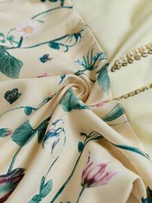 Omancia New Autumn Elegant Silk Linen Nail Beads Rhinestone Lapel Shoulder Short Sleeve Shirt Print Hip-Wrapped Dress Suitable For Festivals, Back To School, Teacher's Dress, Halloween, Thanksgiving - Yellow - View 7