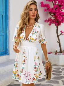 Vivid Eden Women's Summer Holiday Casual Floral Print V-Neck  Puff Sleeve  Short Dress,Summer Dresses For Women, Beach Outfits For Women,Vacation Outfits,Sun Dresses For Women, Boho Summer Dress Women, White Floral Dress Women, Women Vacation Dress, Summer Floral Dress - White - View 5