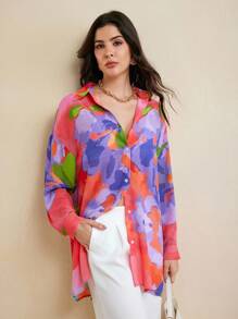 Eva Novielli Colorful Floral Printed Transparent Chiffon Long Oversized Shirt Women Summer Vacation Casual - Multicolor - View 1