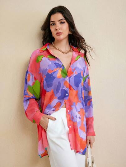 Eva Novielli Camisa larga y holgada de gasa transparente con estampado floral colorido para mujeres en vacaciones de verano