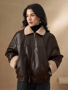 DAZY Áo khoác da mùa đông cho nữ có cổ màu tương phản thường ngày bằng da PU - Cà phê nâu - Xem 8