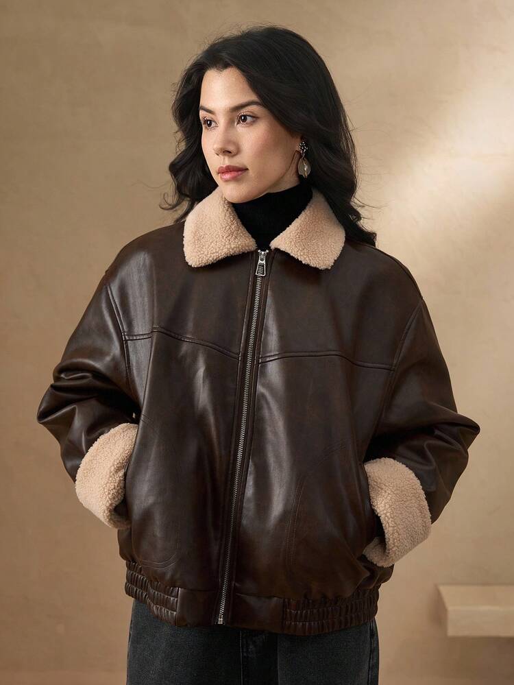 Casual Contrast Color Collar PU Women Padded Coat Jacket Winter Leather Jacket