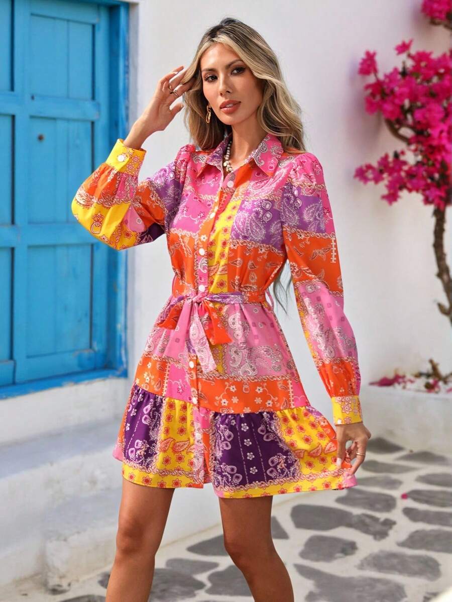 Vivid Eden فستان قصير بأكمام طويلة بطبعات ملونة وطراز بوهيمي رجعي، ملابس للعطلات والحفلات والنزهات والخريف، ملابس مناسبة للمطار والطراز البوهيمي للنساء