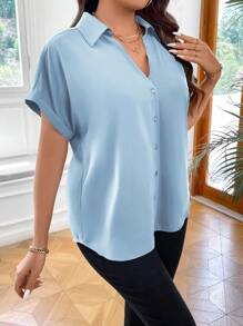Vionelle 休闲百搭纯色大码女式短袖衬衫，夏季 - 淺藍色 - 查看 6