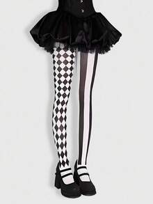 ROMWE Goth 1件装高弹力黑白格子不对称性感女士内裤/打底裤/紧身裤，适合体重80-130磅的女性 - 黑與白 - 查看 6