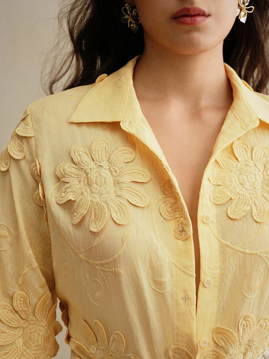 Anewsta Autumn/Winter Fashion Loose Embroidered Floral Plus Size Women Long Sleeve Shirt - Yellow - View 1