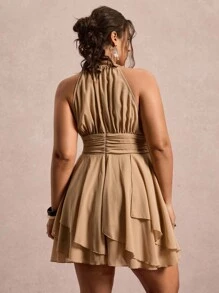 Freevana 大码女式无袖纯色收腰简约休闲连衣裙，时尚优雅 - 卡其色 - 查看 4