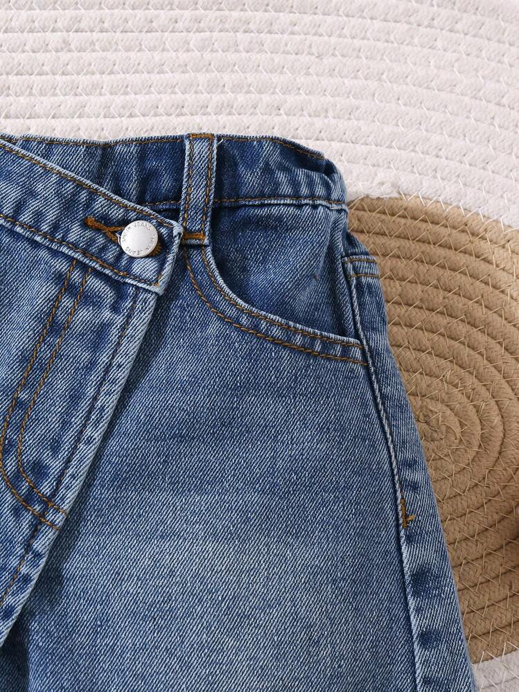 SHEIN Jonge meisjes Y2K blauwe herfst Boho schattige jeans skort, waterwasbaar casual modieus comfortabel zacht, kawaii, strand voor meisjes, afstuderen, herfst kinder casual en comfortabele kleding - Gebleekt - Bekijken 8