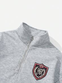 SHEIN Attitoon Sudadera con capucha de forro polar de cuello alto con media cremallera, ajuste holgado, con bordado de escudo minimalista casual, adecuada para otoño/invierno, vuelta al colegio, estilo universitario, uniforme escolar - Gris - Ver 6