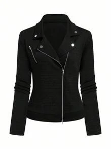 GlowEve Women's Casual Textured Fabric Zip-Up Lapel Motorcycle Jacket Fall Winter Cloth For Women