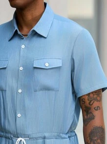 Manfinity Homme Combinaison d'été ample et décontractée pour hommes, avec manches raglan, couleur unie et cordon de serrage à la taille - Bleu azur - Voir 6