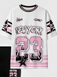 女士休闲纽约字母标语、数字 23 图形印花 T 恤和骑行短裤两件套，时尚且 - 彩色 - 查看 5